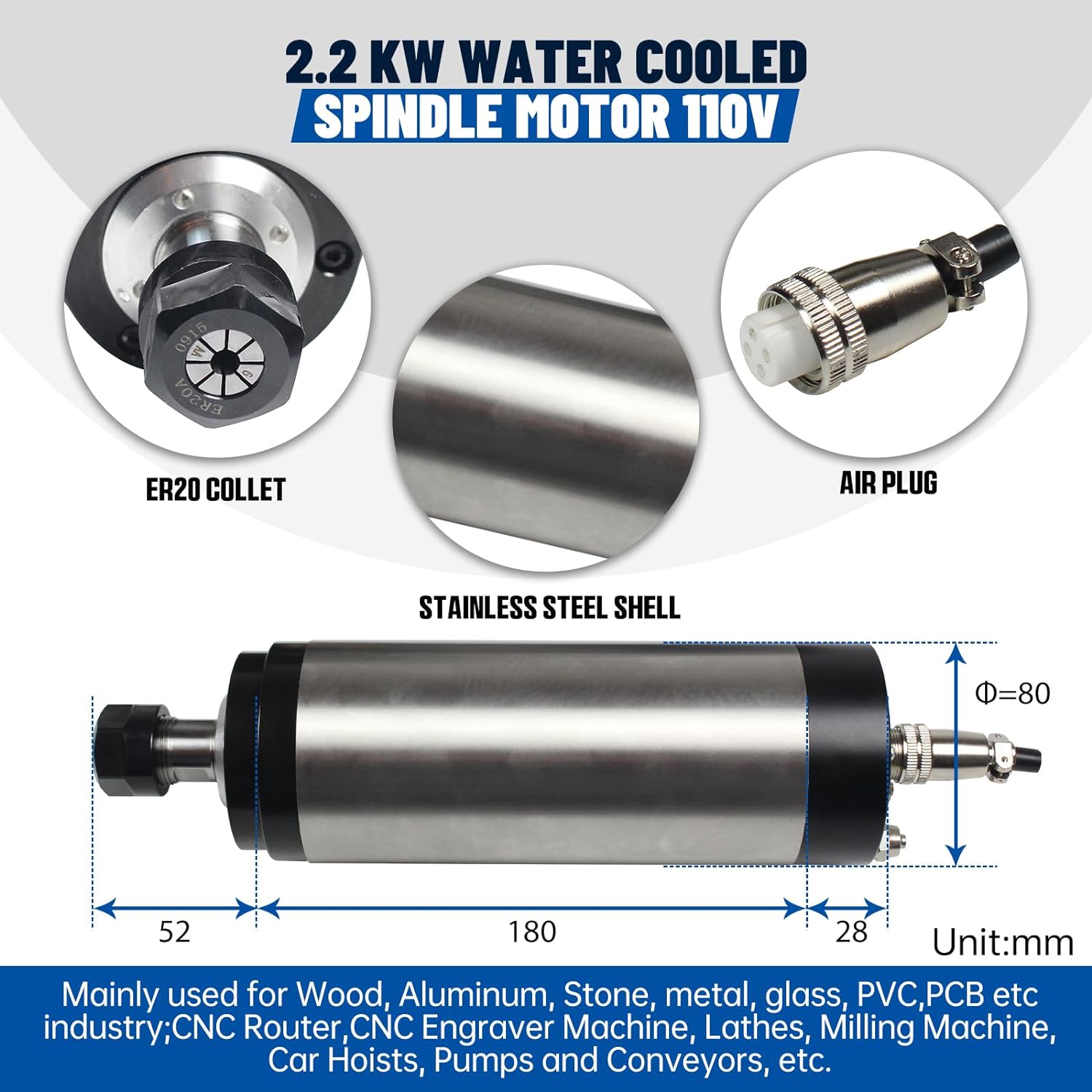 Water Cooled Spindle - 110V 220V Spindle Motor 2.2KW Water